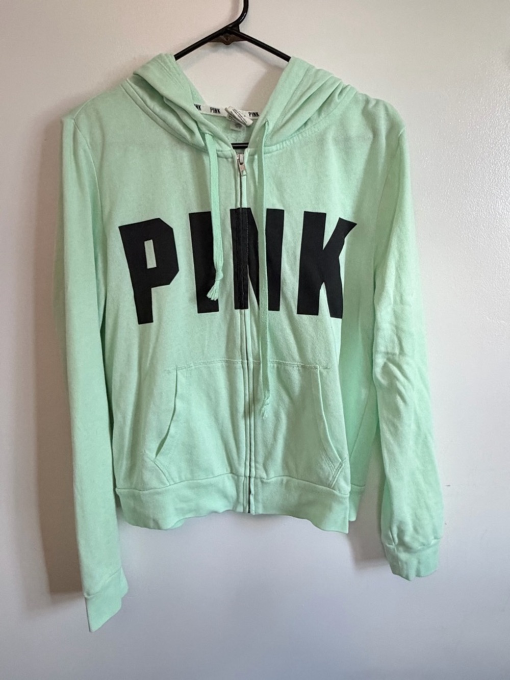 PINK Victoria's Secret Mint Green Zip-Up Hoodie with Black Logo